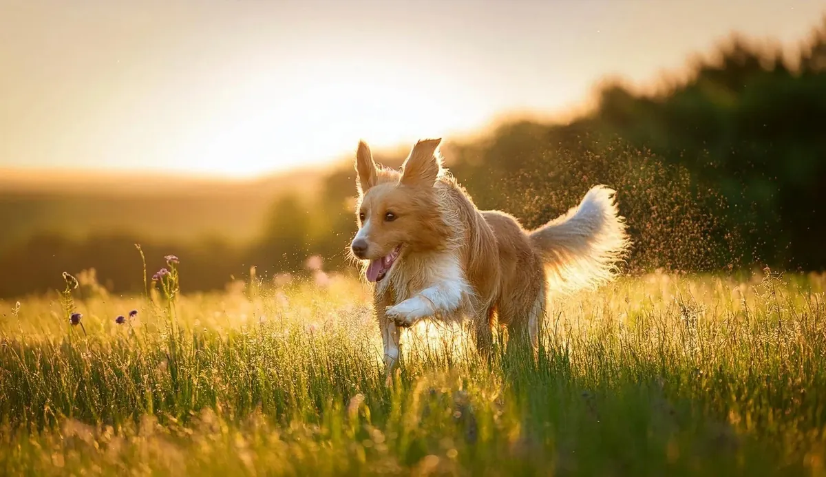 A border collie running through a sunlit meadow at golden hour, tongue out, mid-stride